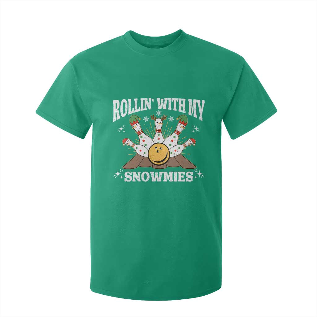 Funny Christmas Bowling T Shirt For Kid Rollin With My Snowmies Bowling Pins TS11 Irish Green Print Your Wear