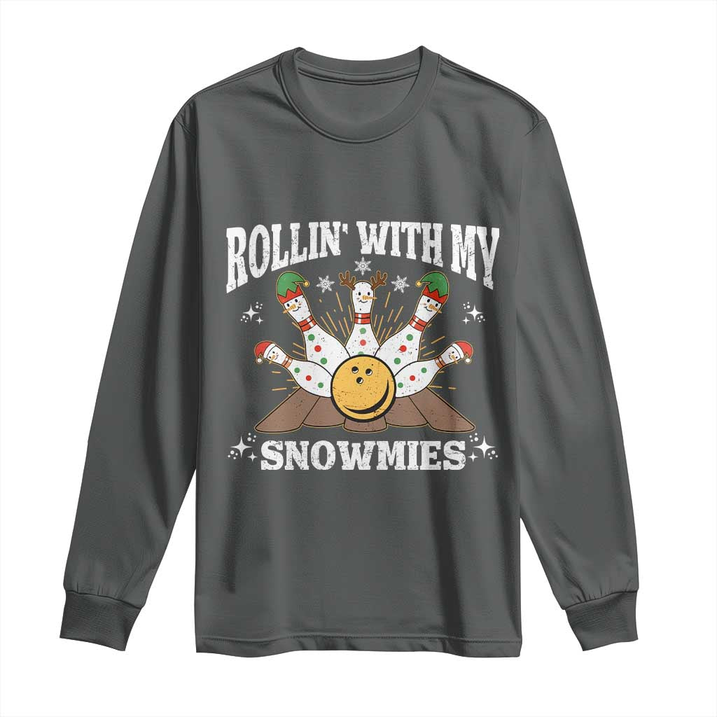 Funny Christmas Bowling Long Sleeve Shirt Rollin With My Snowmies Bowling Pins TS11 Dark Heather Print Your Wear