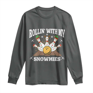 Funny Christmas Bowling Long Sleeve Shirt Rollin With My Snowmies Bowling Pins TS11 Dark Heather Print Your Wear