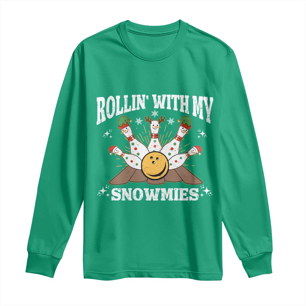 Funny Christmas Bowling Long Sleeve Shirt Rollin With My Snowmies Bowling Pins TS11 Irish Green Print Your Wear