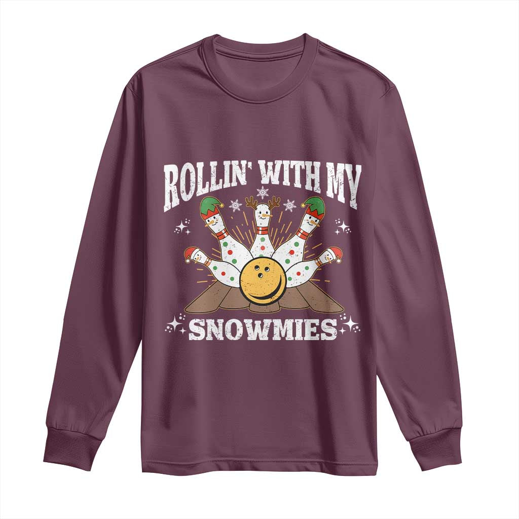 Funny Christmas Bowling Long Sleeve Shirt Rollin With My Snowmies Bowling Pins TS11 Maroon Print Your Wear