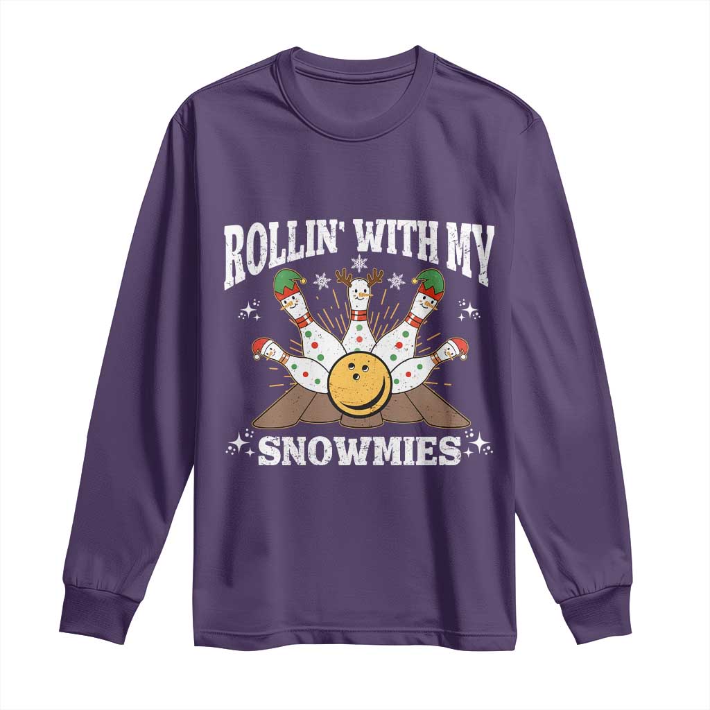 Funny Christmas Bowling Long Sleeve Shirt Rollin With My Snowmies Bowling Pins TS11 Purple Print Your Wear
