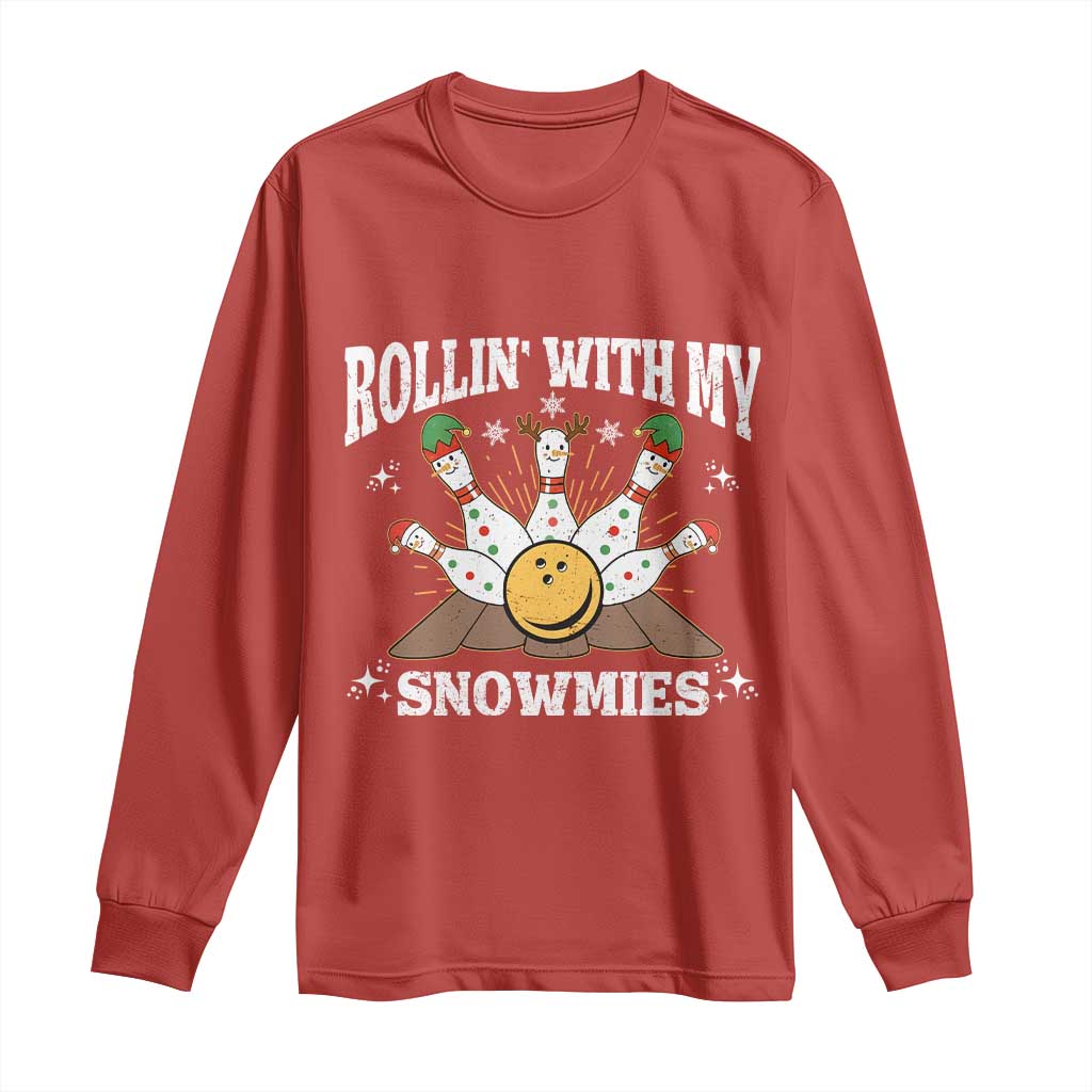 Funny Christmas Bowling Long Sleeve Shirt Rollin With My Snowmies Bowling Pins TS11 Red Print Your Wear