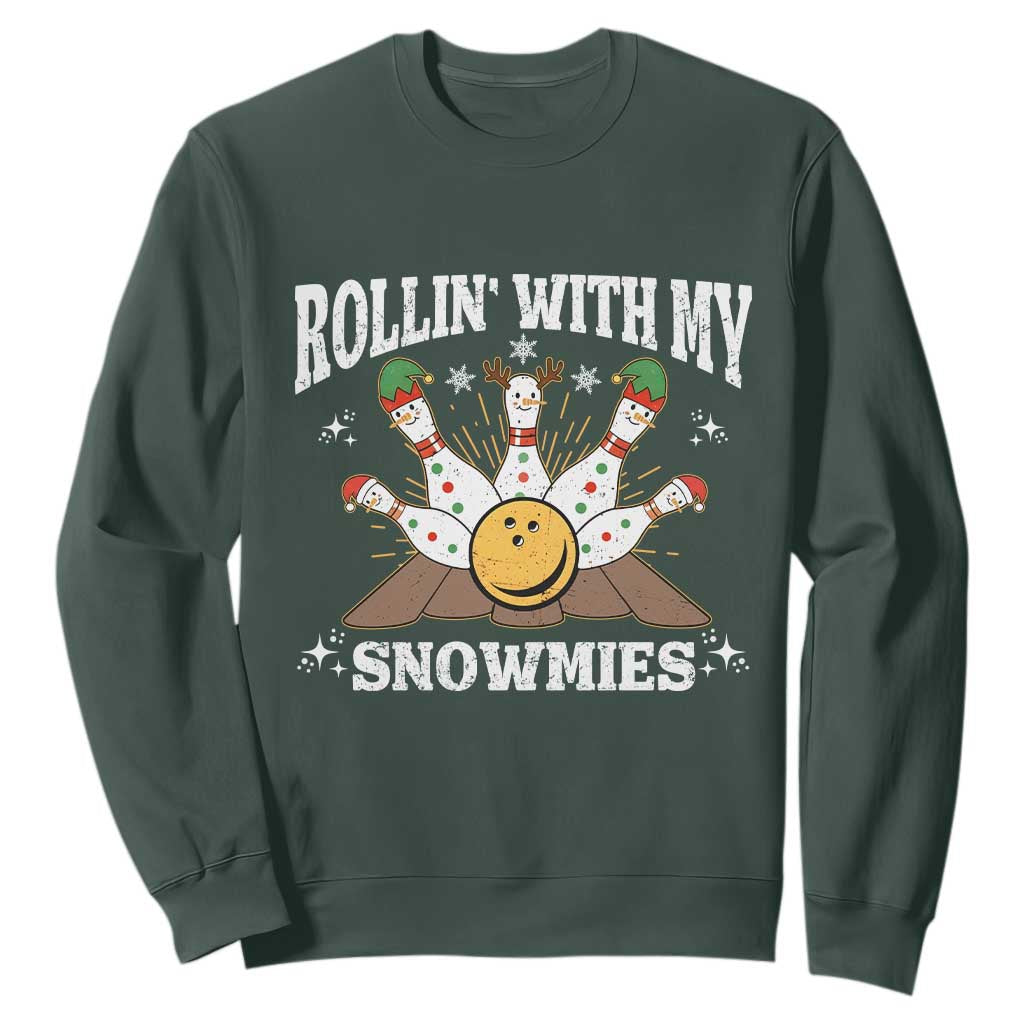 Funny Christmas Bowling Sweatshirt Rollin With My Snowmies Bowling Pins TS11 Dark Forest Green Print Your Wear