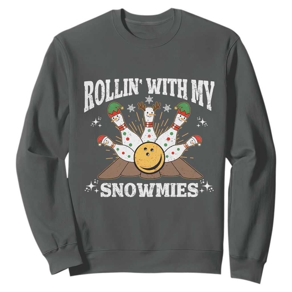 Funny Christmas Bowling Sweatshirt Rollin With My Snowmies Bowling Pins TS11 Dark Heather Print Your Wear