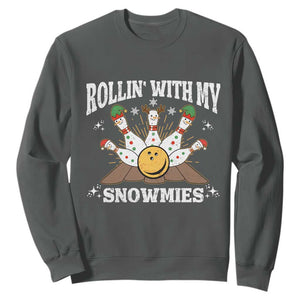 Funny Christmas Bowling Sweatshirt Rollin With My Snowmies Bowling Pins TS11 Dark Heather Print Your Wear