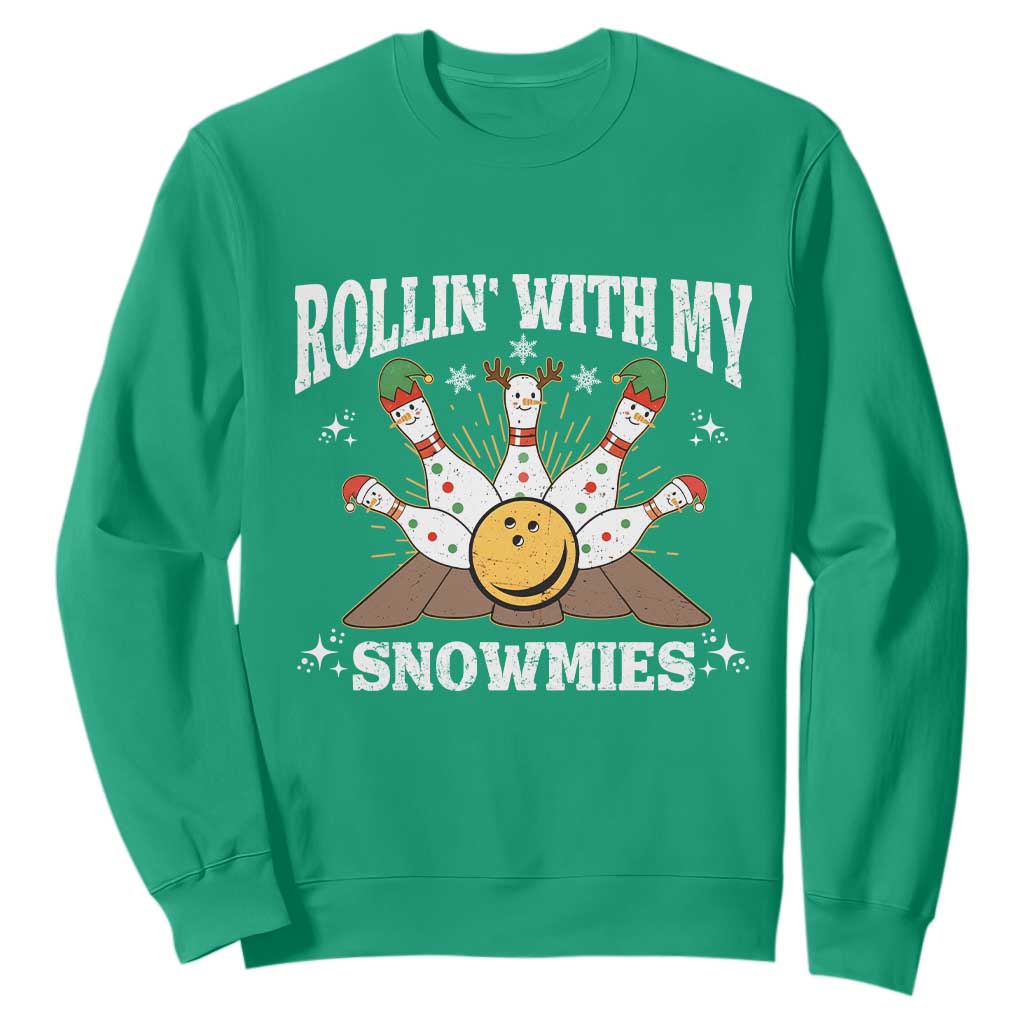 Funny Christmas Bowling Sweatshirt Rollin With My Snowmies Bowling Pins TS11 Irish Green Print Your Wear