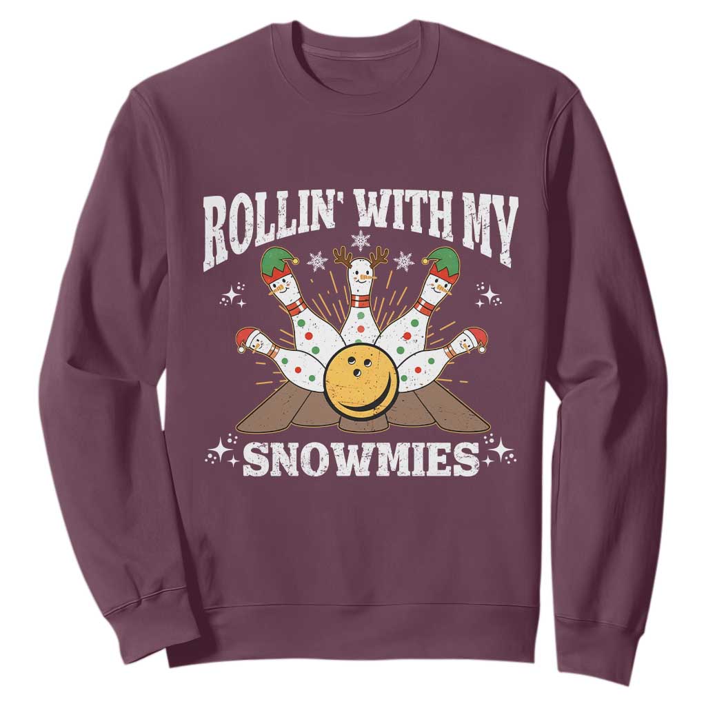 Funny Christmas Bowling Sweatshirt Rollin With My Snowmies Bowling Pins TS11 Maroon Print Your Wear