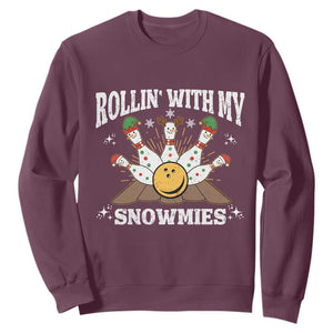Funny Christmas Bowling Sweatshirt Rollin With My Snowmies Bowling Pins TS11 Maroon Print Your Wear