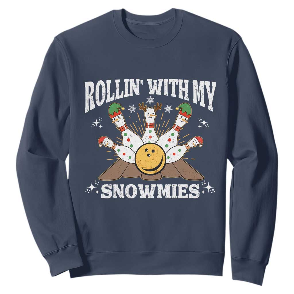 Funny Christmas Bowling Sweatshirt Rollin With My Snowmies Bowling Pins TS11 Navy Print Your Wear