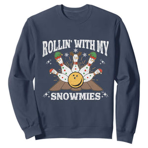 Funny Christmas Bowling Sweatshirt Rollin With My Snowmies Bowling Pins TS11 Navy Print Your Wear