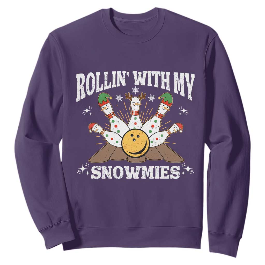 Funny Christmas Bowling Sweatshirt Rollin With My Snowmies Bowling Pins TS11 Purple Print Your Wear