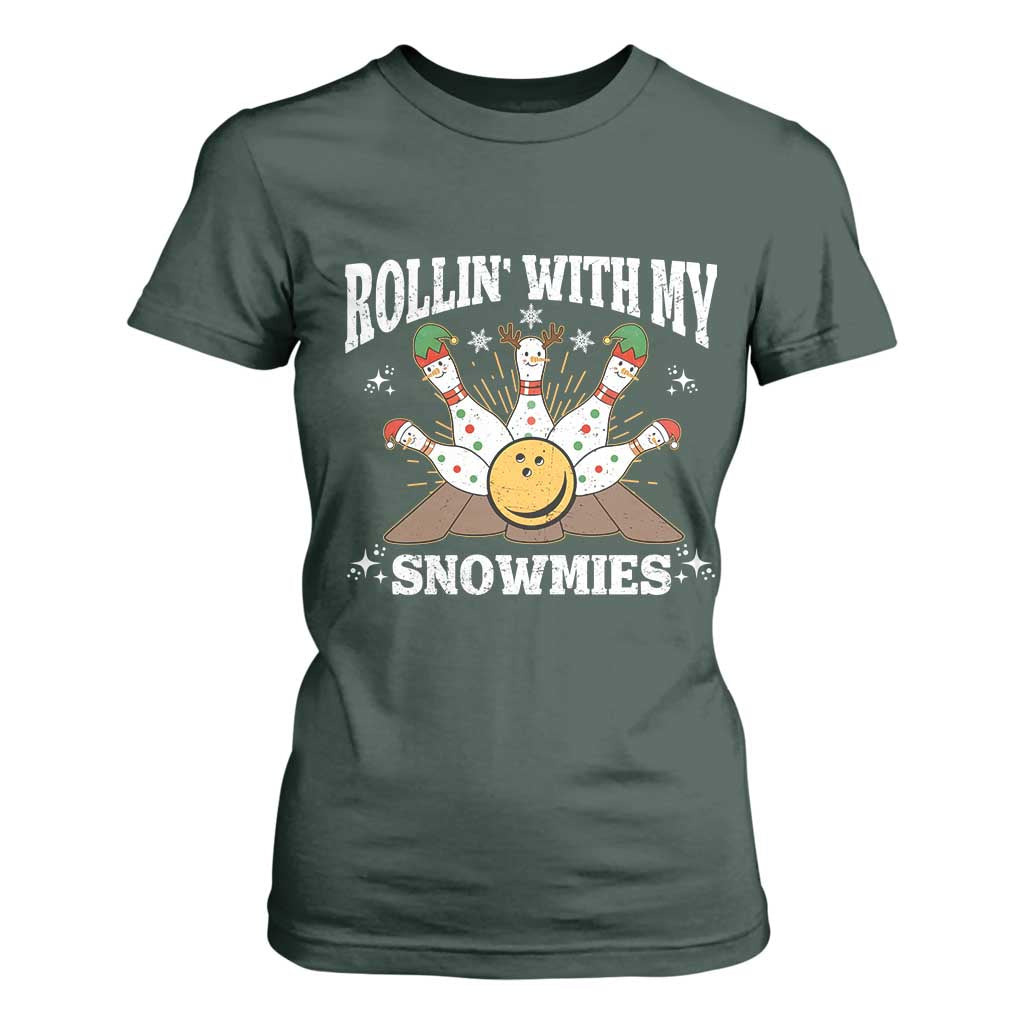Funny Christmas Bowling T Shirt For Women Rollin With My Snowmies Bowling Pins TS11 Dark Forest Green Print Your Wear