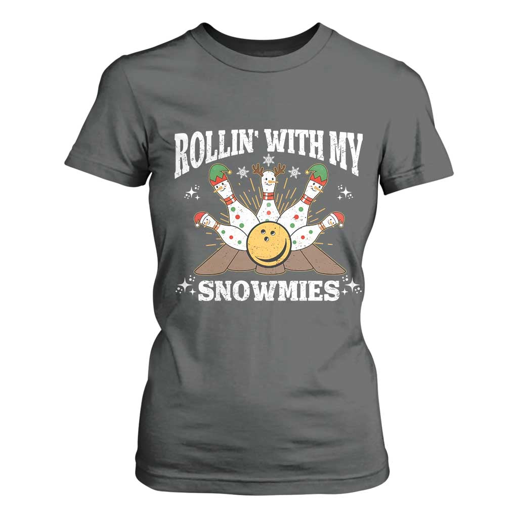 Funny Christmas Bowling T Shirt For Women Rollin With My Snowmies Bowling Pins TS11 Dark Heather Print Your Wear