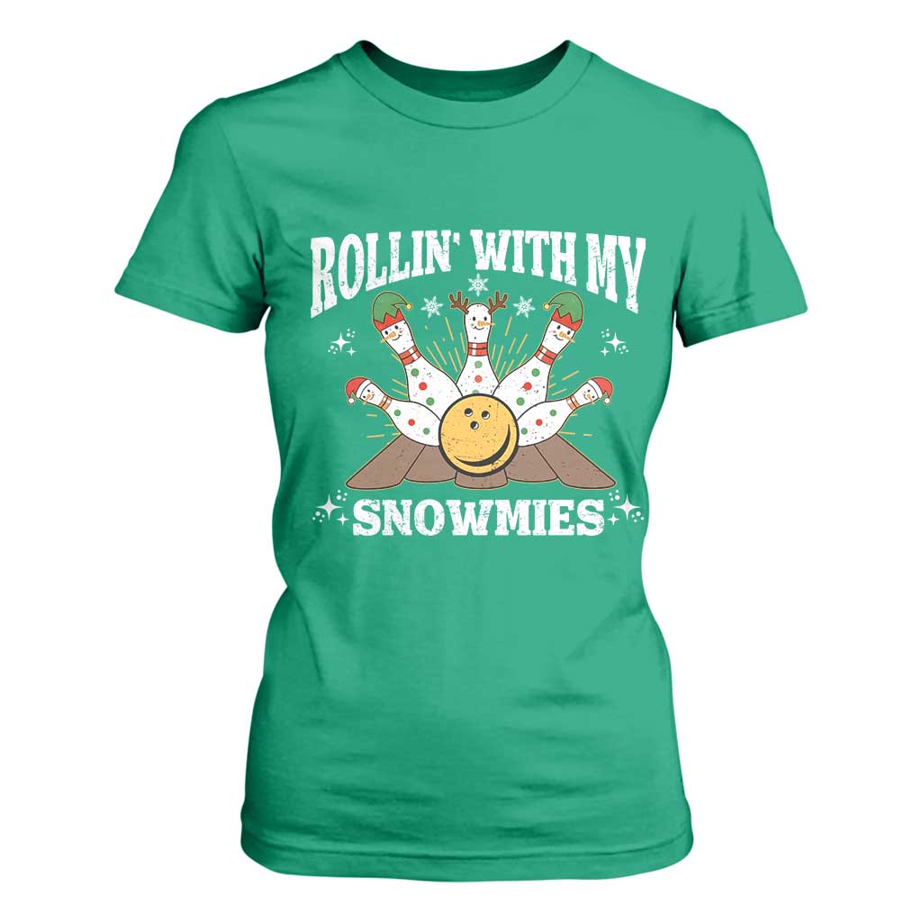 Funny Christmas Bowling T Shirt For Women Rollin With My Snowmies Bowling Pins TS11 Irish Green Print Your Wear