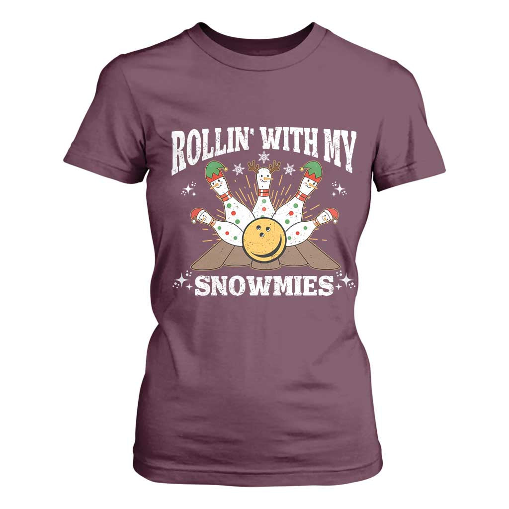 Funny Christmas Bowling T Shirt For Women Rollin With My Snowmies Bowling Pins TS11 Maroon Print Your Wear