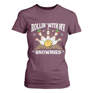 Funny Christmas Bowling T Shirt For Women Rollin With My Snowmies Bowling Pins TS11 Maroon Print Your Wear
