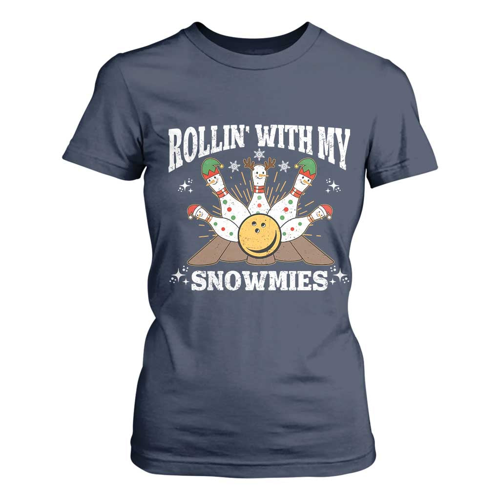Funny Christmas Bowling T Shirt For Women Rollin With My Snowmies Bowling Pins TS11 Navy Print Your Wear