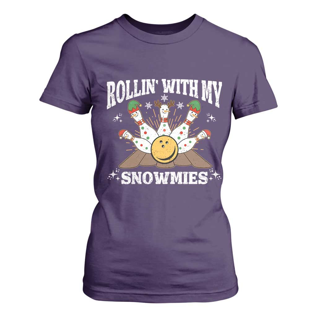 Funny Christmas Bowling T Shirt For Women Rollin With My Snowmies Bowling Pins TS11 Purple Print Your Wear