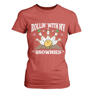 Funny Christmas Bowling T Shirt For Women Rollin With My Snowmies Bowling Pins TS11 Red Print Your Wear