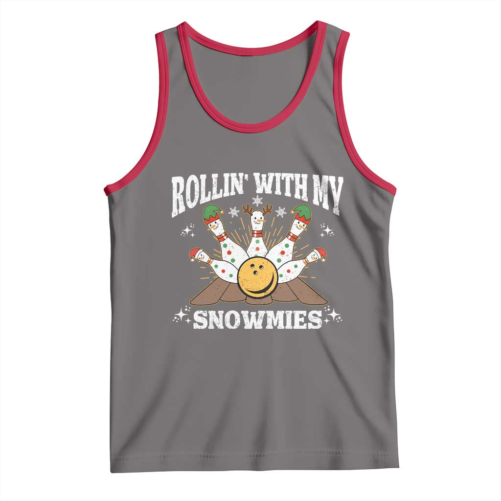 Funny Christmas Bowling Tank Top Rollin With My Snowmies Bowling Pins TS11 Deep Heather Red Print Your Wear