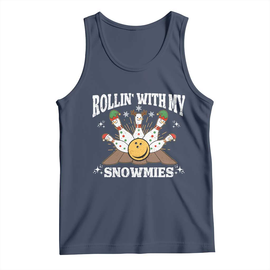 Funny Christmas Bowling Tank Top Rollin With My Snowmies Bowling Pins TS11 Navy Print Your Wear