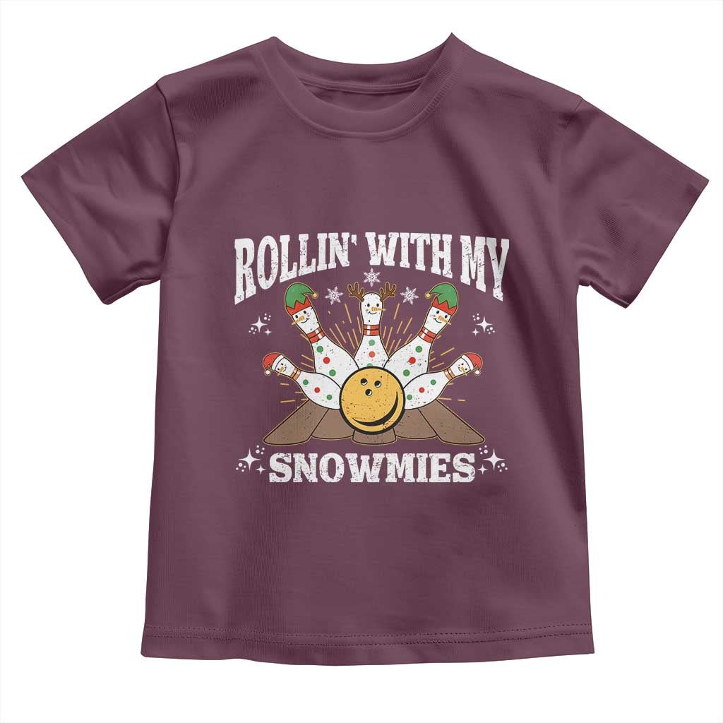 Funny Christmas Bowling Toddler T Shirt Rollin With My Snowmies Bowling Pins TS11 Maroon Print Your Wear
