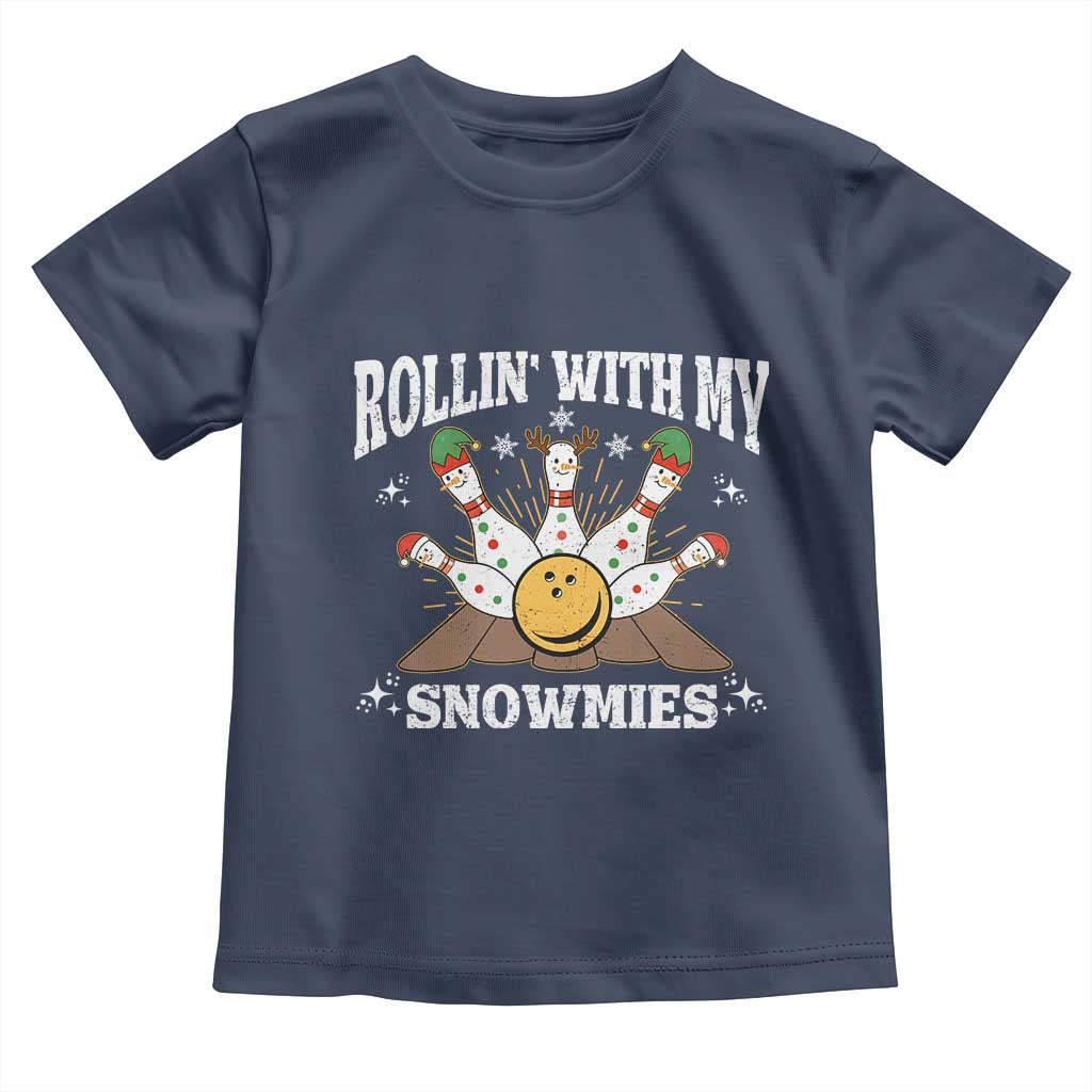 Funny Christmas Bowling Toddler T Shirt Rollin With My Snowmies Bowling Pins TS11 Navy Print Your Wear
