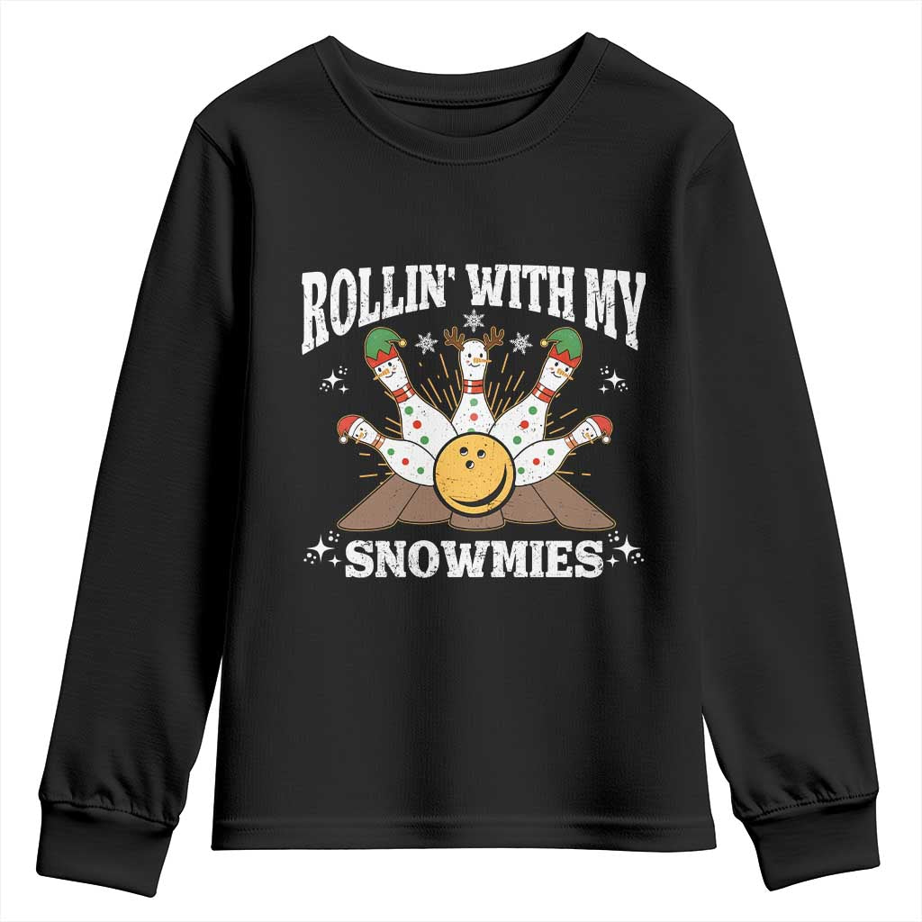 Funny Christmas Bowling Youth Sweatshirt Rollin With My Snowmies Bowling Pins TS11 Black Print Your Wear