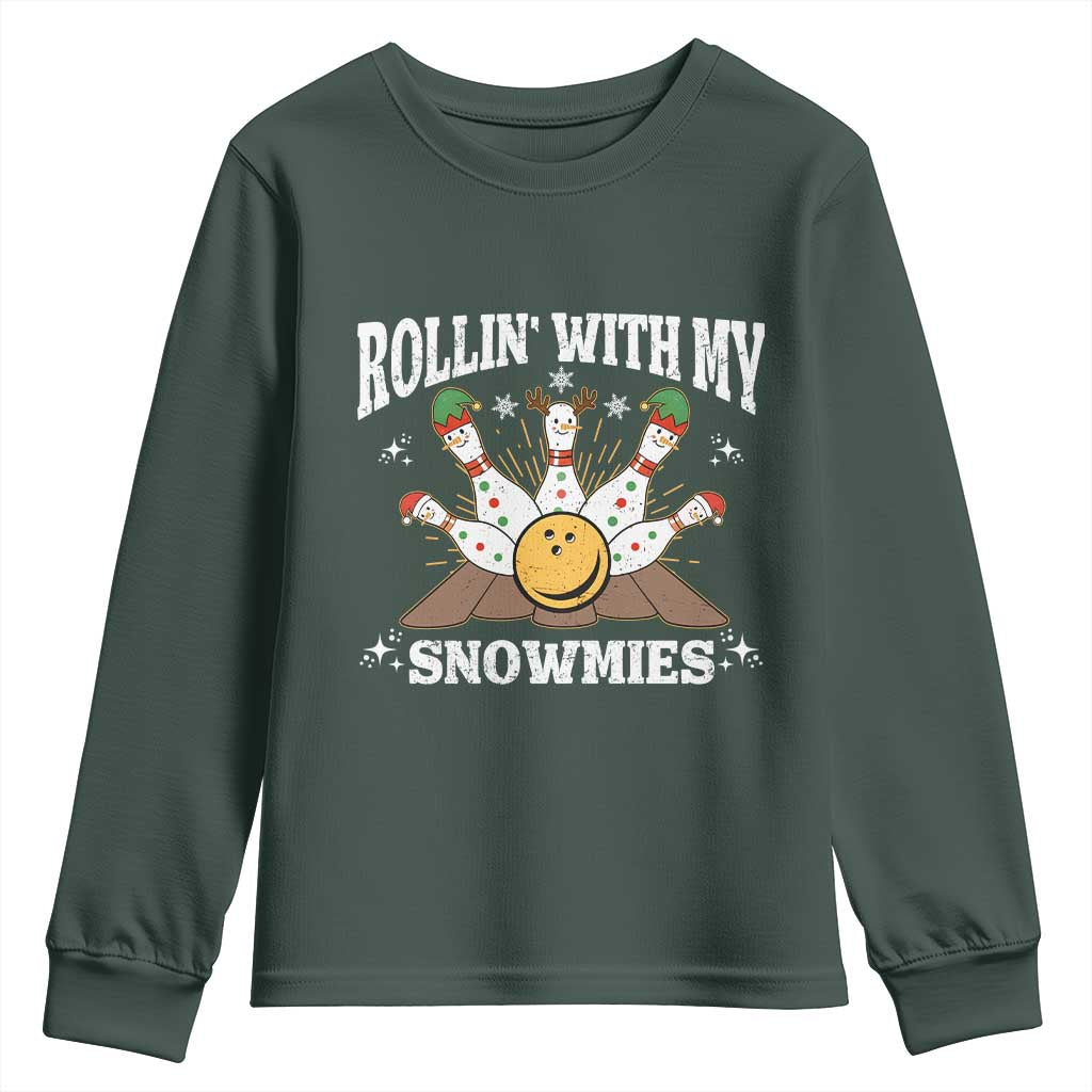 Funny Christmas Bowling Youth Sweatshirt Rollin With My Snowmies Bowling Pins TS11 Dark Forest Green Print Your Wear