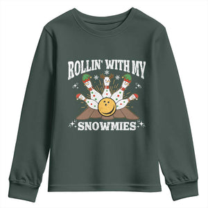 Funny Christmas Bowling Youth Sweatshirt Rollin With My Snowmies Bowling Pins TS11 Dark Forest Green Print Your Wear