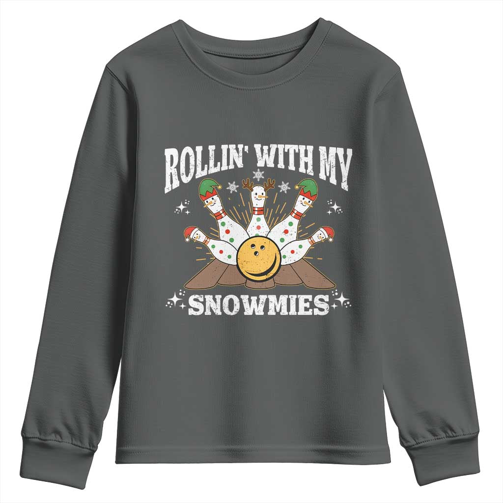 Funny Christmas Bowling Youth Sweatshirt Rollin With My Snowmies Bowling Pins TS11 Dark Heather Print Your Wear