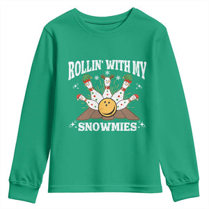 Funny Christmas Bowling Youth Sweatshirt Rollin With My Snowmies Bowling Pins TS11 Irish Green Print Your Wear