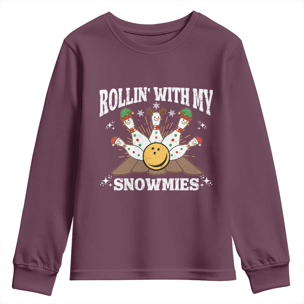 Funny Christmas Bowling Youth Sweatshirt Rollin With My Snowmies Bowling Pins TS11 Maroon Print Your Wear