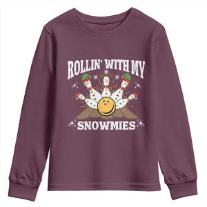Funny Christmas Bowling Youth Sweatshirt Rollin With My Snowmies Bowling Pins TS11 Maroon Print Your Wear