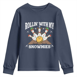 Funny Christmas Bowling Youth Sweatshirt Rollin With My Snowmies Bowling Pins TS11 Navy Print Your Wear