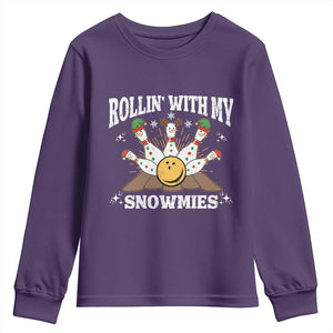 Funny Christmas Bowling Youth Sweatshirt Rollin With My Snowmies Bowling Pins TS11 Purple Print Your Wear