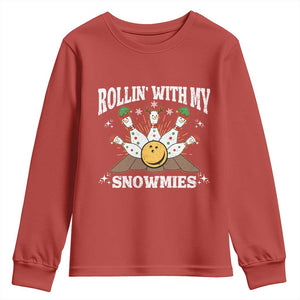 Funny Christmas Bowling Youth Sweatshirt Rollin With My Snowmies Bowling Pins TS11 Red Print Your Wear