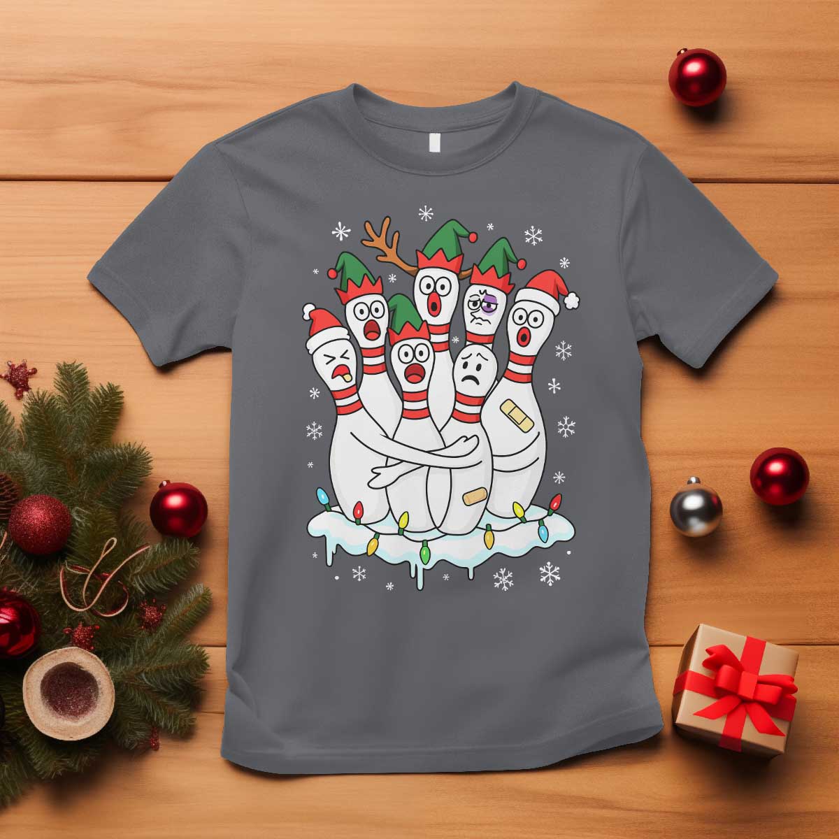 Funny Scared Cartoon Christmas Bowling Pins T Shirt TS11 Charcoal Print Your Wear