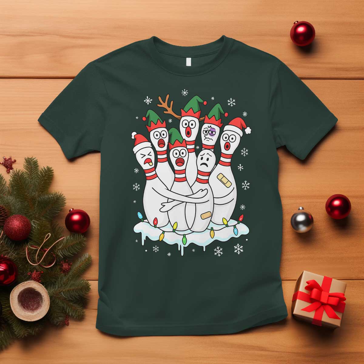 Funny Scared Cartoon Christmas Bowling Pins T Shirt TS11 Dark Forest Green Print Your Wear