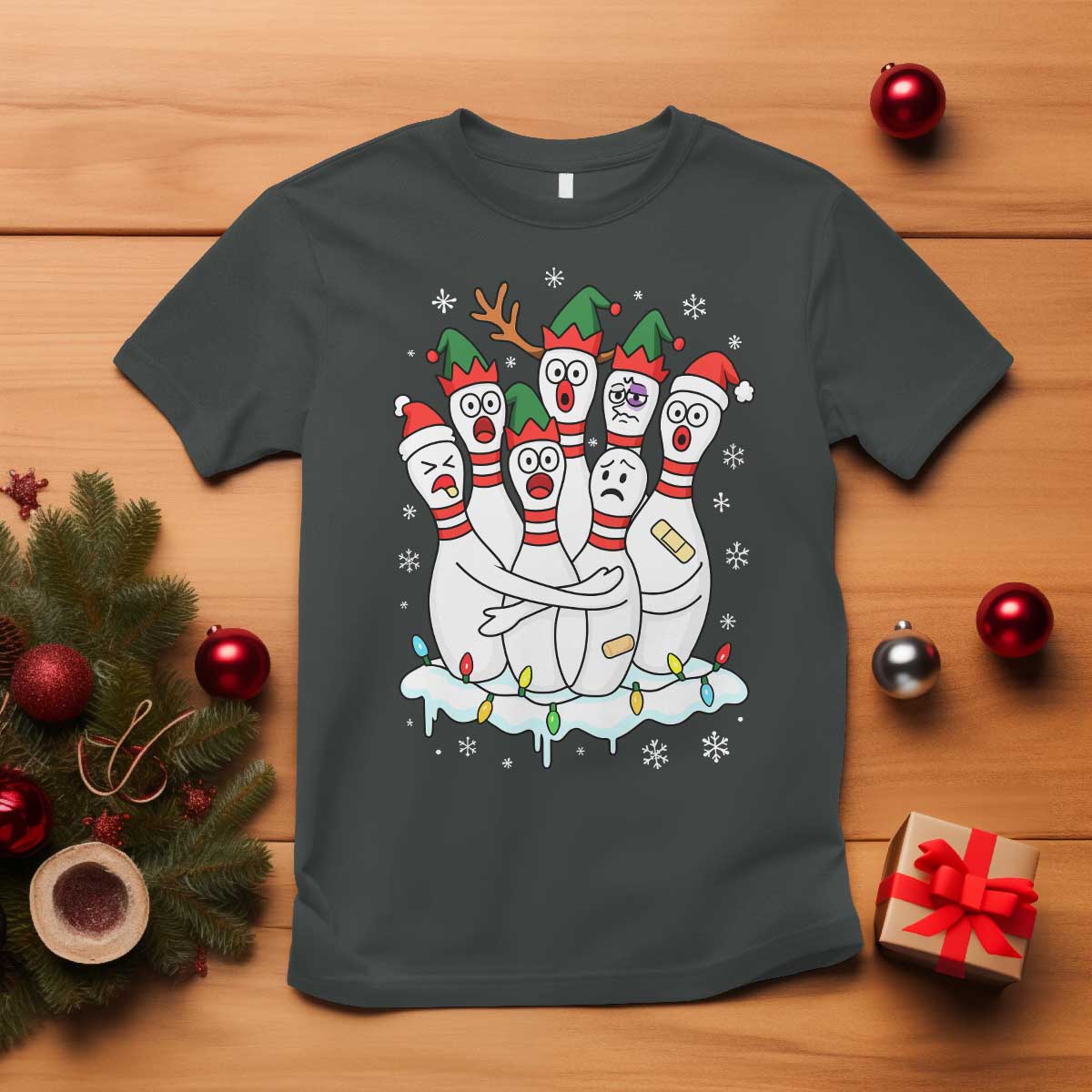 Funny Scared Cartoon Christmas Bowling Pins T Shirt TS11 Dark Heather Print Your Wear
