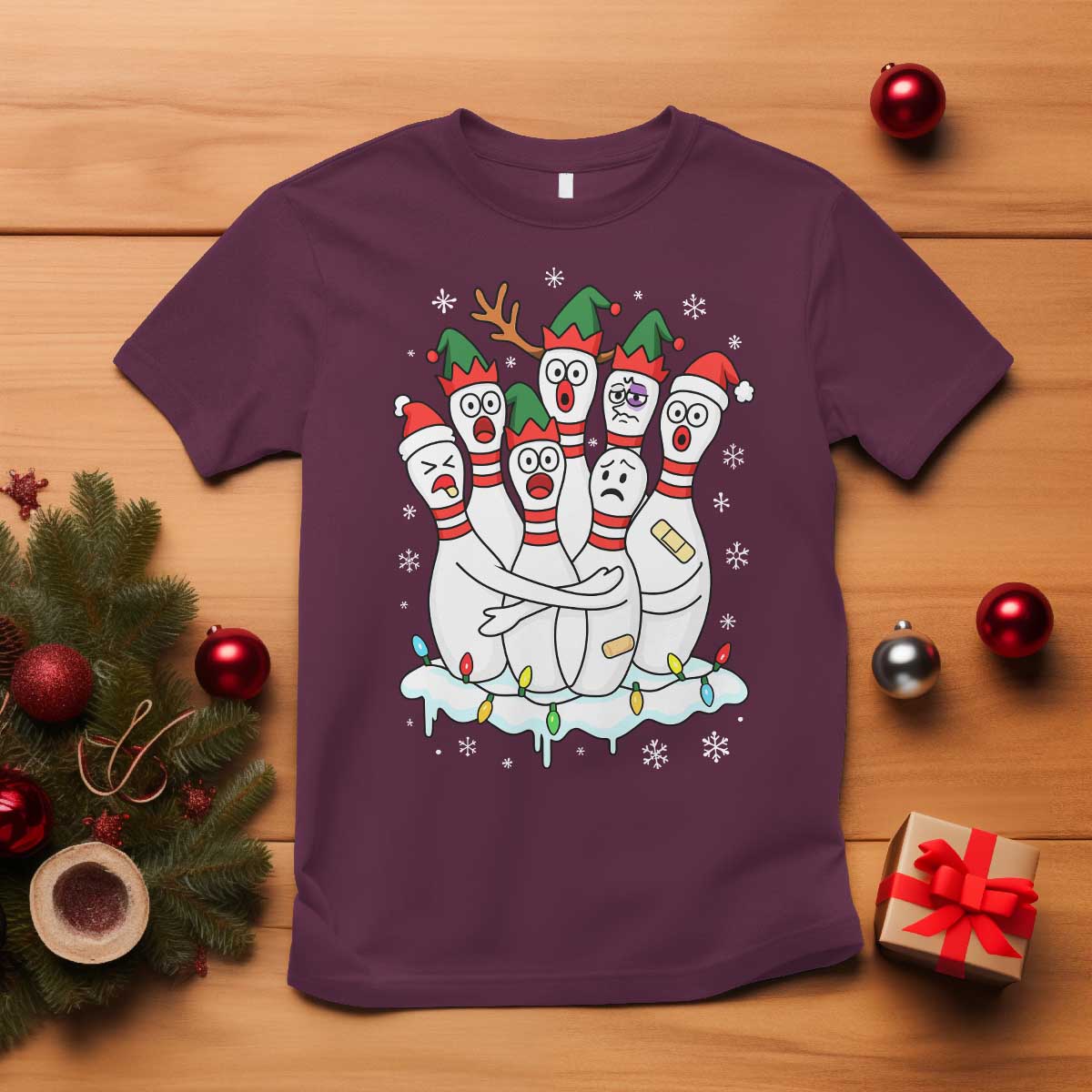 Funny Scared Cartoon Christmas Bowling Pins T Shirt TS11 Maroon Print Your Wear