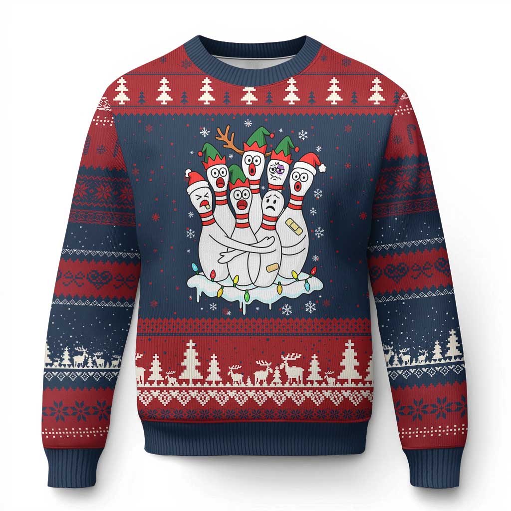 Funny Scared Cartoon Xmas Bowling Pins Ugly Christmas Sweater TS11 Navy Red Print Your Wear