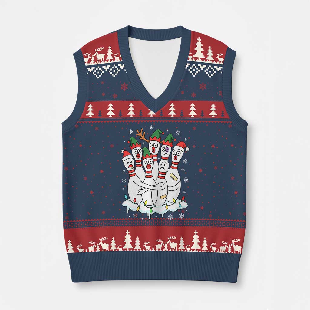 Funny Scared Cartoon Xmas Bowling Pins V-Neck Knit Sweater Vest TS11 Navy Red Print Your Wear