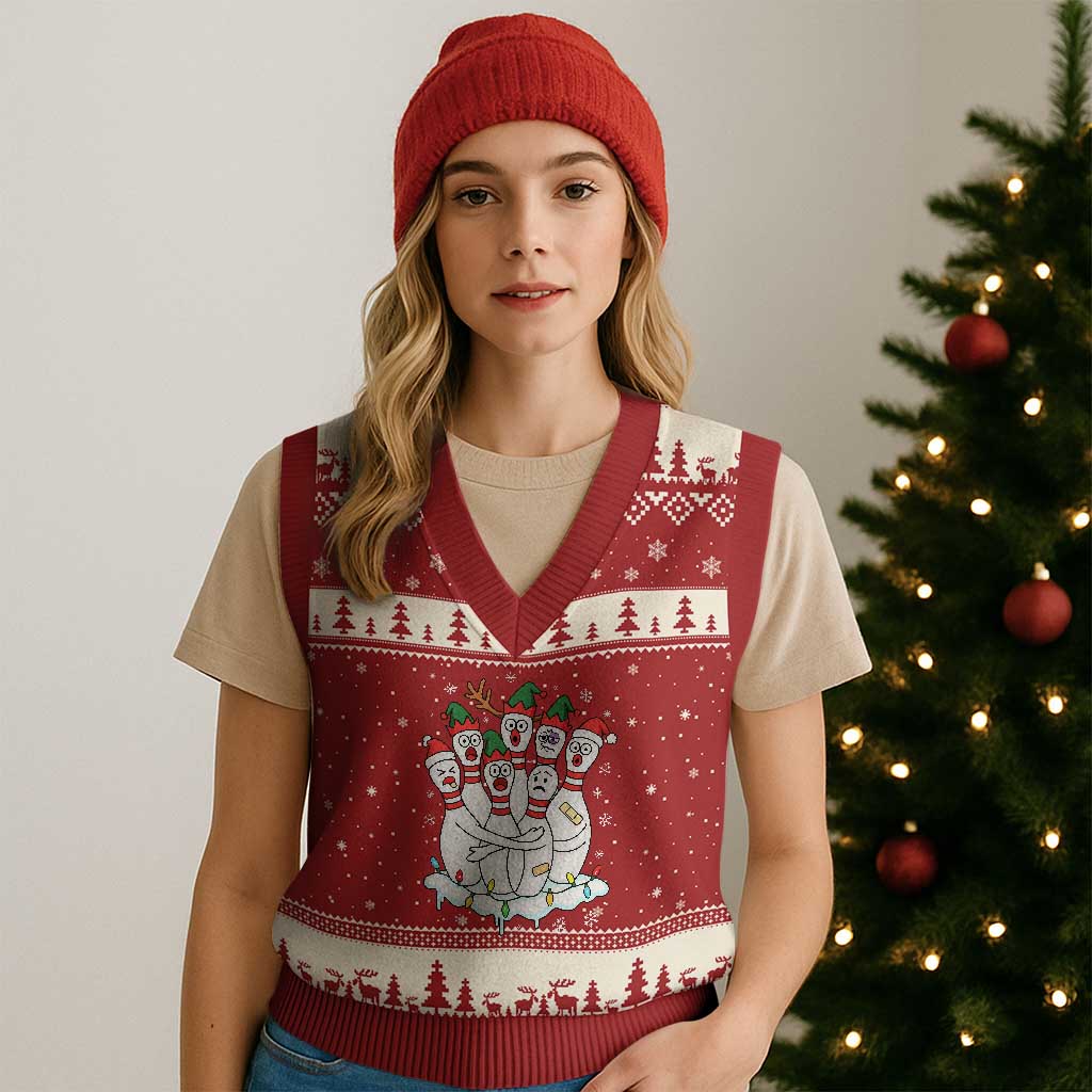 Funny Scared Cartoon Xmas Bowling Pins V-Neck Knit Sweater Vest TS11 Red Beige Print Your Wear