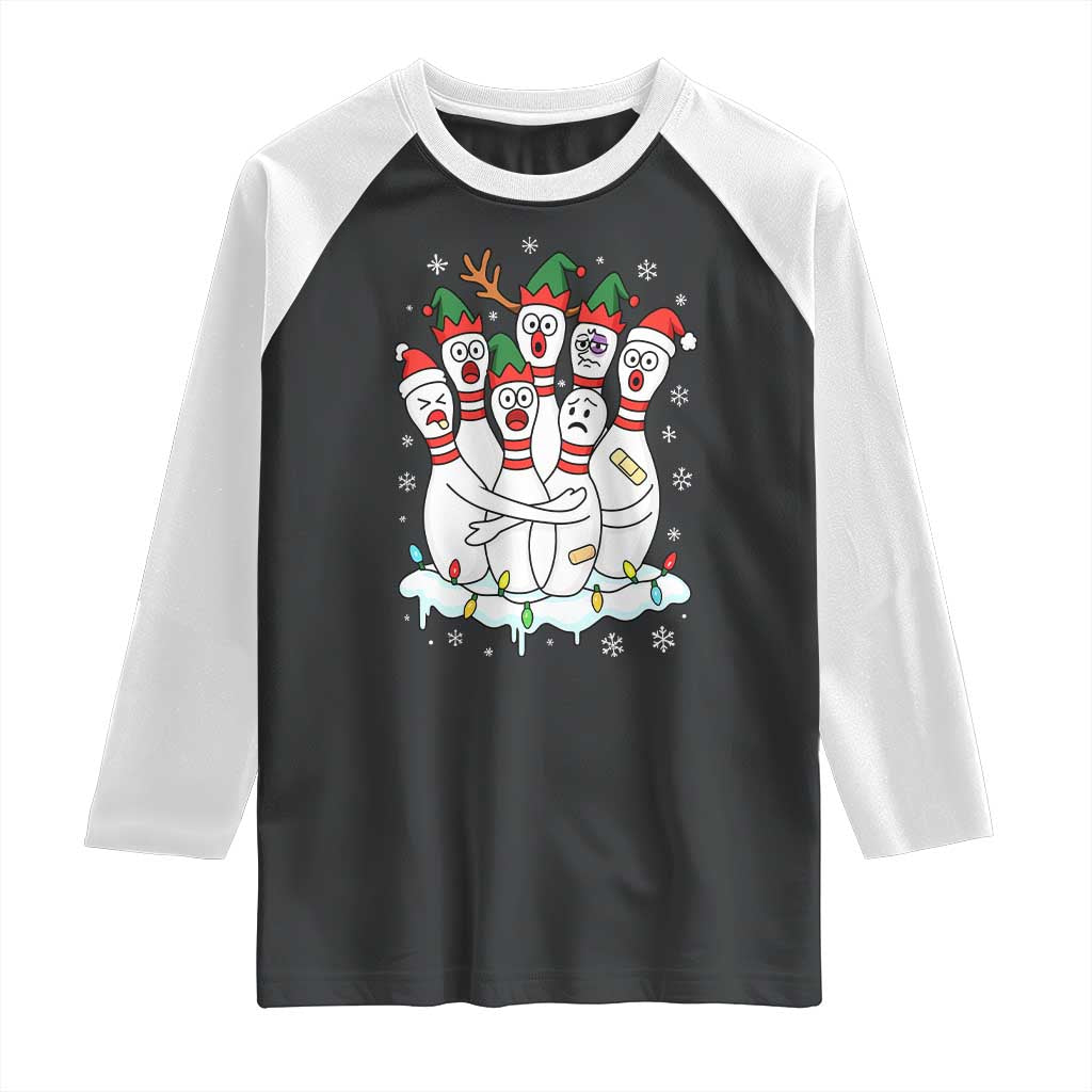 Funny Scared Cartoon Christmas Bowling Pins Raglan Shirt TS11 Black White Print Your Wear