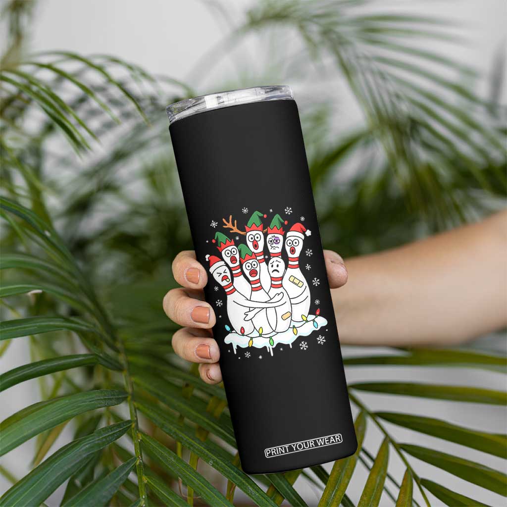 Funny Scared Cartoon Christmas Bowling Pins Skinny Tumbler - Print Your Wear