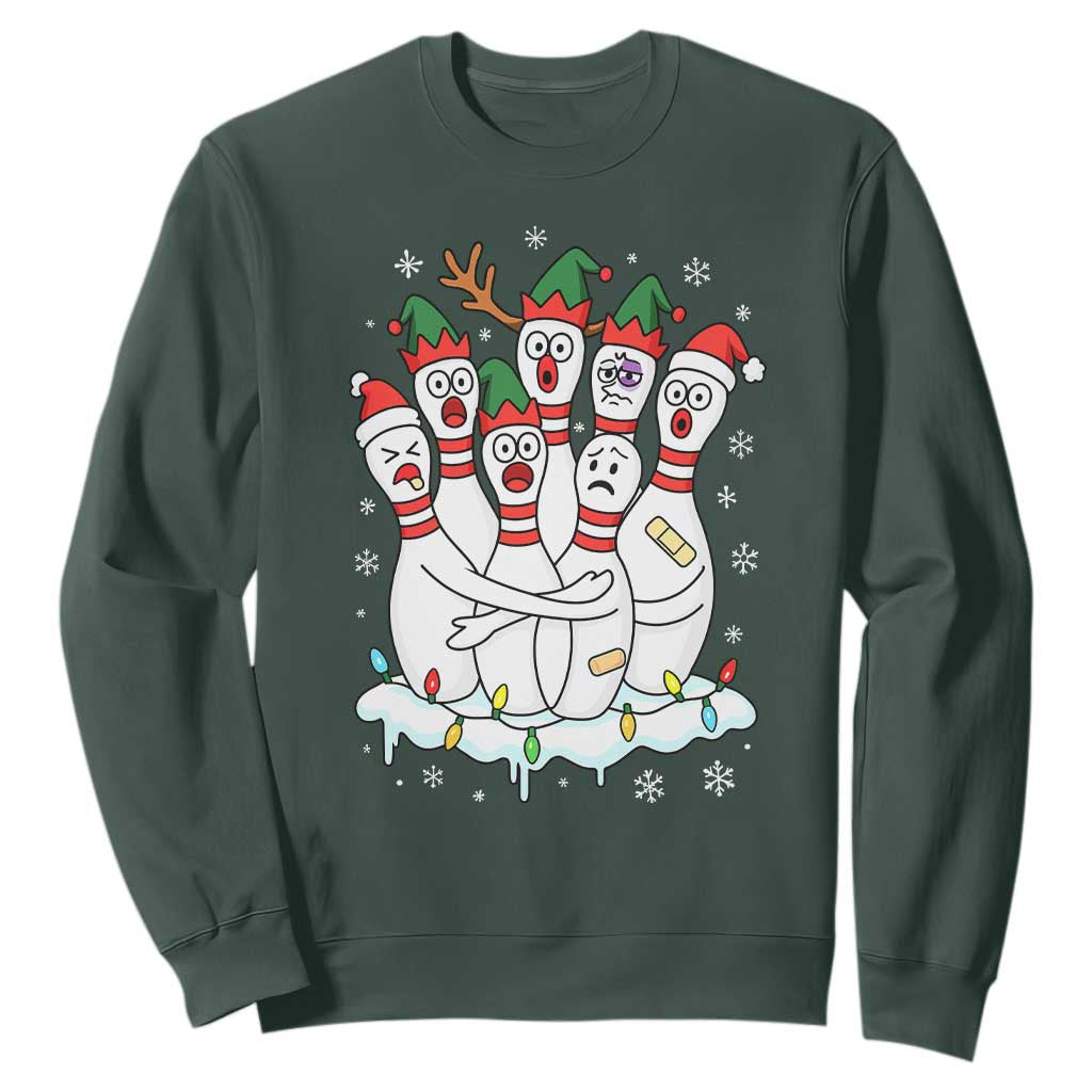 Funny Scared Cartoon Christmas Bowling Pins Sweatshirt TS11 Dark Forest Green Print Your Wear