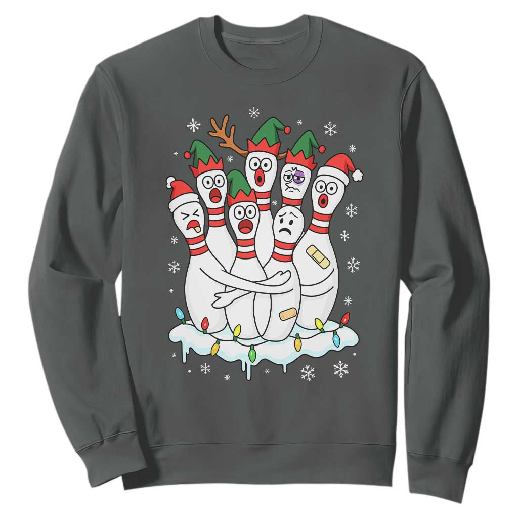 Funny Scared Cartoon Christmas Bowling Pins Sweatshirt TS11 Dark Heather Print Your Wear