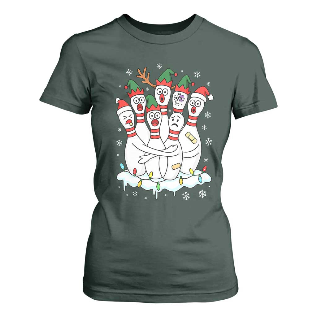Funny Scared Cartoon Christmas Bowling Pins T Shirt For Women TS11 Dark Forest Green Print Your Wear